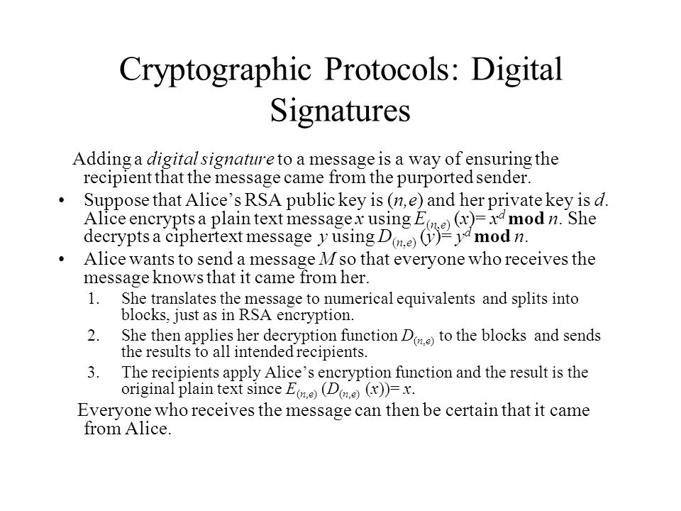 Cryptographic Protocols: Digital Signatures