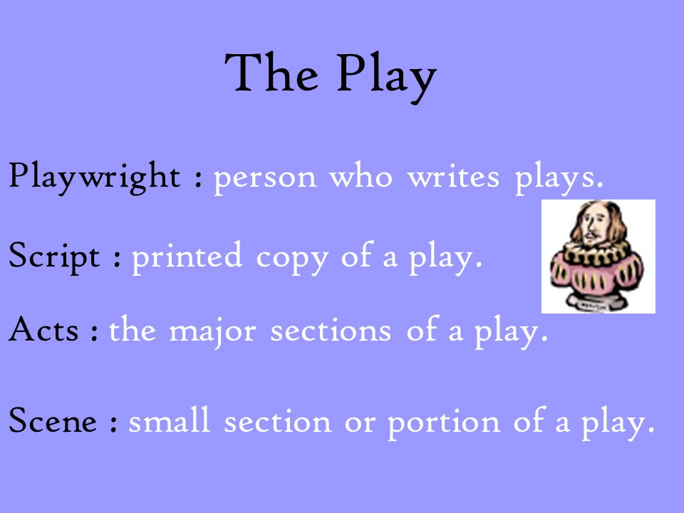 The Play Playwright : person who writes plays.