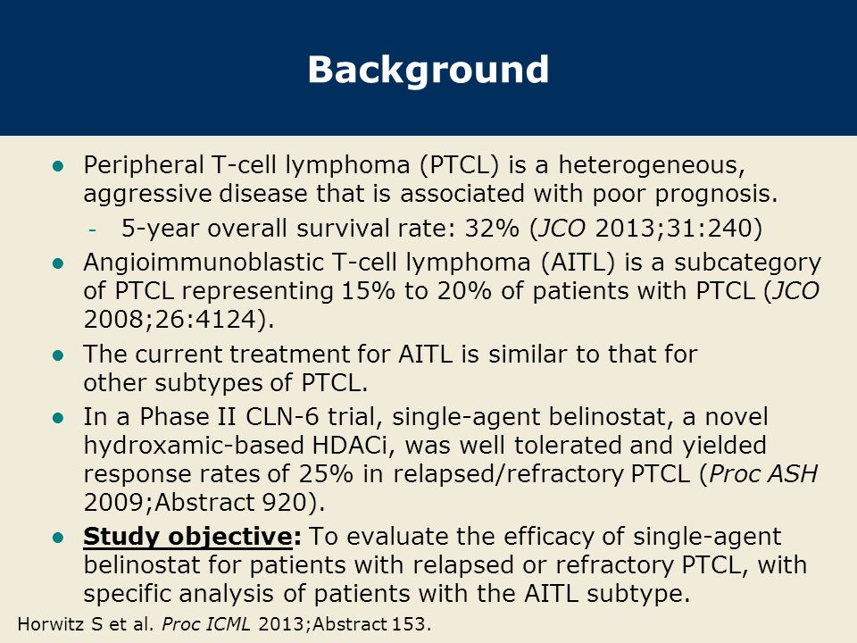 Background Peripheral T-cell lymphoma (PTCL) is a heterogeneous, aggressive disease that is associated with poor prognosis.