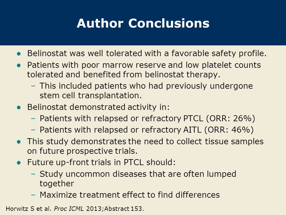 Author Conclusions Belinostat was well tolerated with a favorable safety profile.