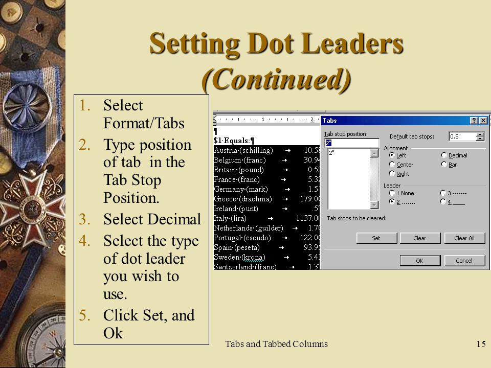 Setting Dot Leaders (Continued)