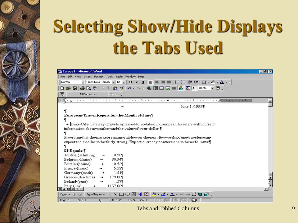 Selecting Show/Hide Displays the Tabs Used