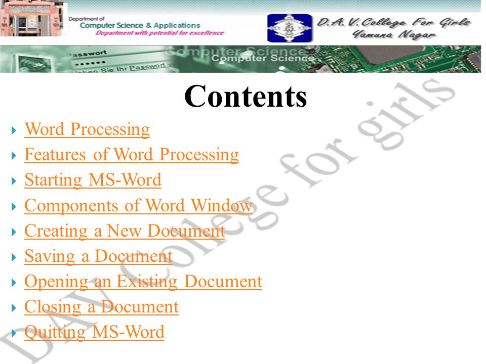 Contents Contents Word Processing Features of Word Processing