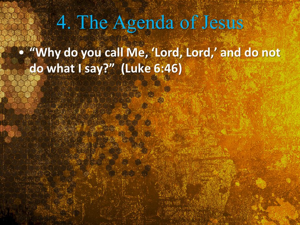 4. The Agenda of Jesus Why do you call Me, ‘Lord, Lord,’ and do not do what I say (Luke 6:46)