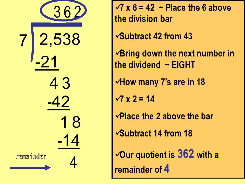 3 7 x 6 = 42 ~ Place the 6 above the division bar. Subtract 42 from 43. Bring down the next number in the dividend ~ EIGHT.