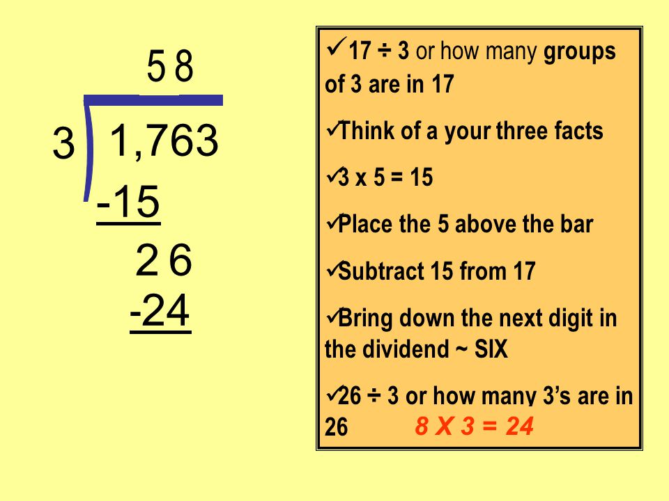 5 8 1, ) 17 ÷ 3 or how many groups of 3 are in 17