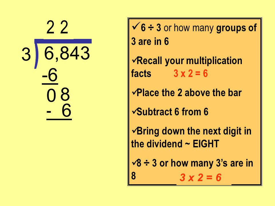 , ) 6 ÷ 3 or how many groups of 3 are in 6