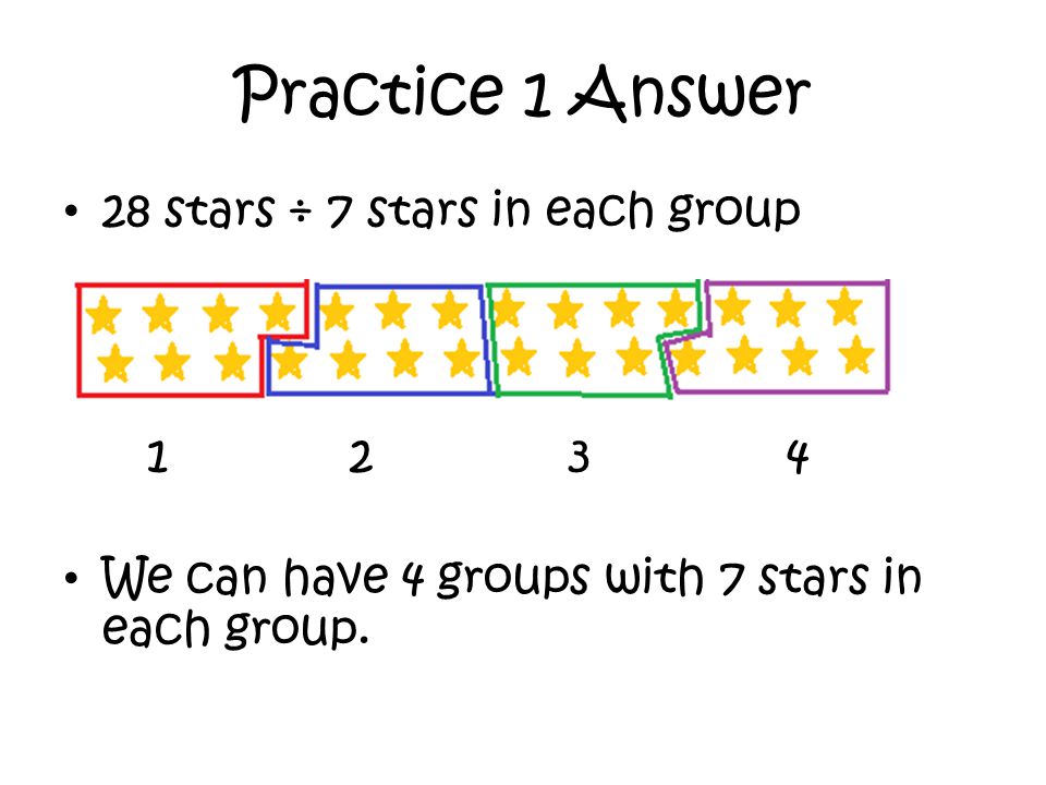 Practice 1 Answer 28 stars ÷ 7 stars in each group