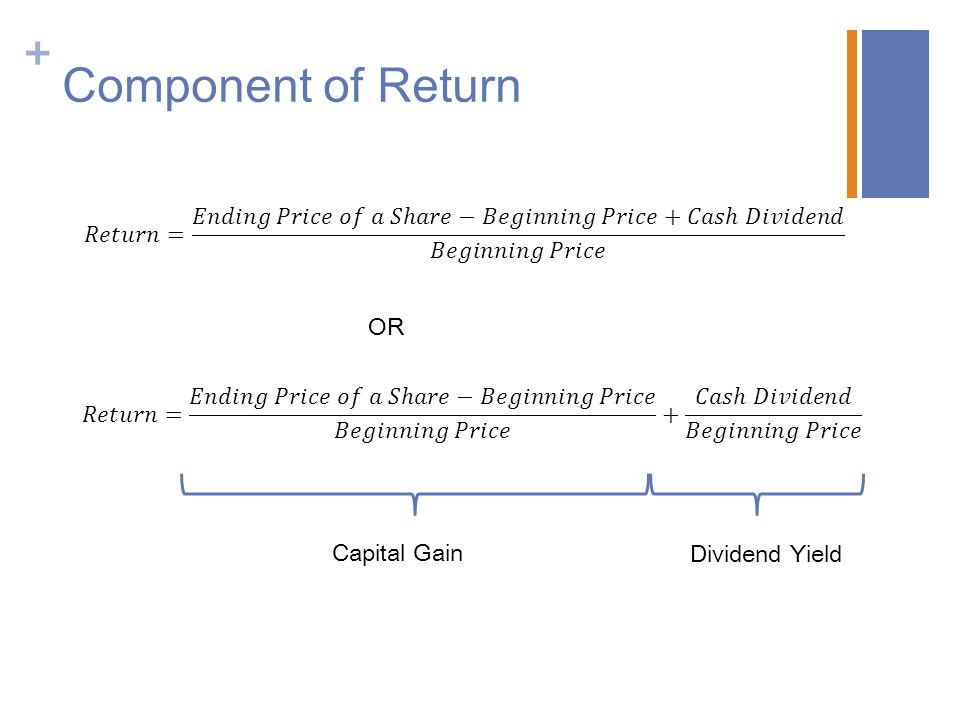 Component of Return 𝑅𝑒𝑡𝑢𝑟𝑛= 𝐸𝑛𝑑𝑖𝑛𝑔 𝑃𝑟𝑖𝑐𝑒 𝑜𝑓 𝑎 𝑆ℎ𝑎𝑟𝑒−𝐵𝑒𝑔𝑖𝑛𝑛𝑖𝑛𝑔 𝑃𝑟𝑖𝑐𝑒+𝐶𝑎𝑠ℎ 𝐷𝑖𝑣𝑖𝑑𝑒𝑛𝑑 𝐵𝑒𝑔𝑖𝑛𝑛𝑖𝑛𝑔 𝑃𝑟𝑖𝑐𝑒. OR.