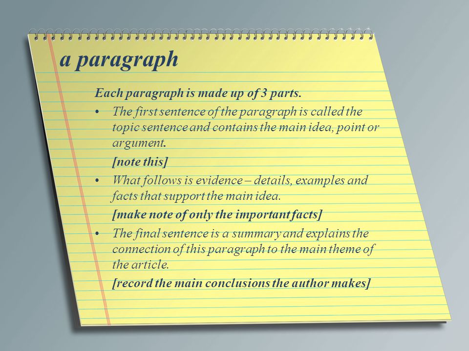 a paragraph Each paragraph is made up of 3 parts.