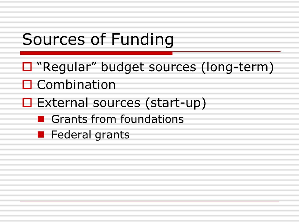 Sources of Funding Regular budget sources (long-term) Combination