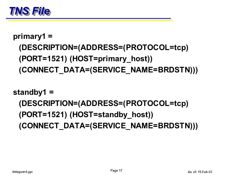TNS File primary1 = (DESCRIPTION=(ADDRESS=(PROTOCOL=tcp) (PORT=1521) (HOST=primary_host)) (CONNECT_DATA=(SERVICE_NAME=BRDSTN)))