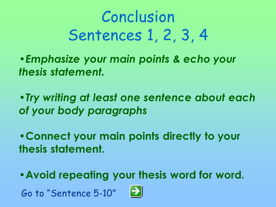 Conclusion Sentences 1, 2, 3, 4 Emphasize your main points & echo your thesis statement.
