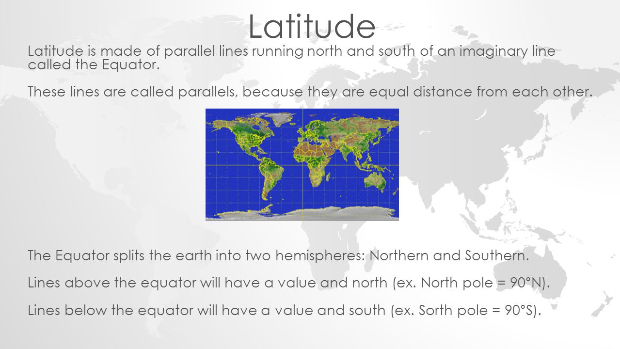 Latitude Latitude is made of parallel lines running north and south of an imaginary line called the Equator.