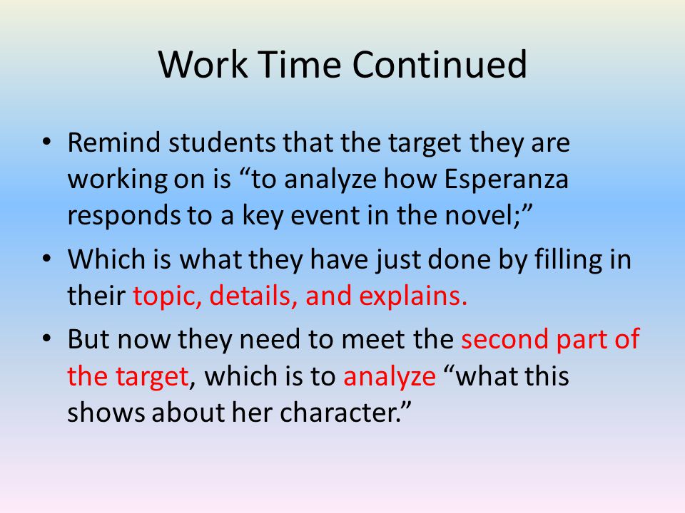 Work Time Continued Remind students that the target they are working on is to analyze how Esperanza responds to a key event in the novel;