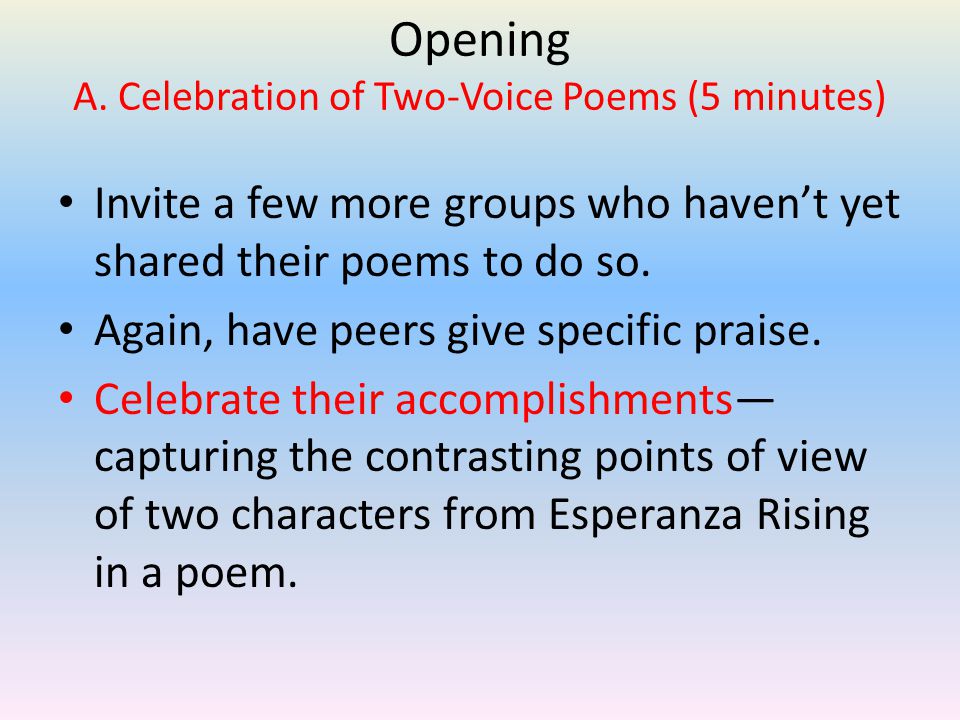 Opening A. Celebration of Two-Voice Poems (5 minutes)