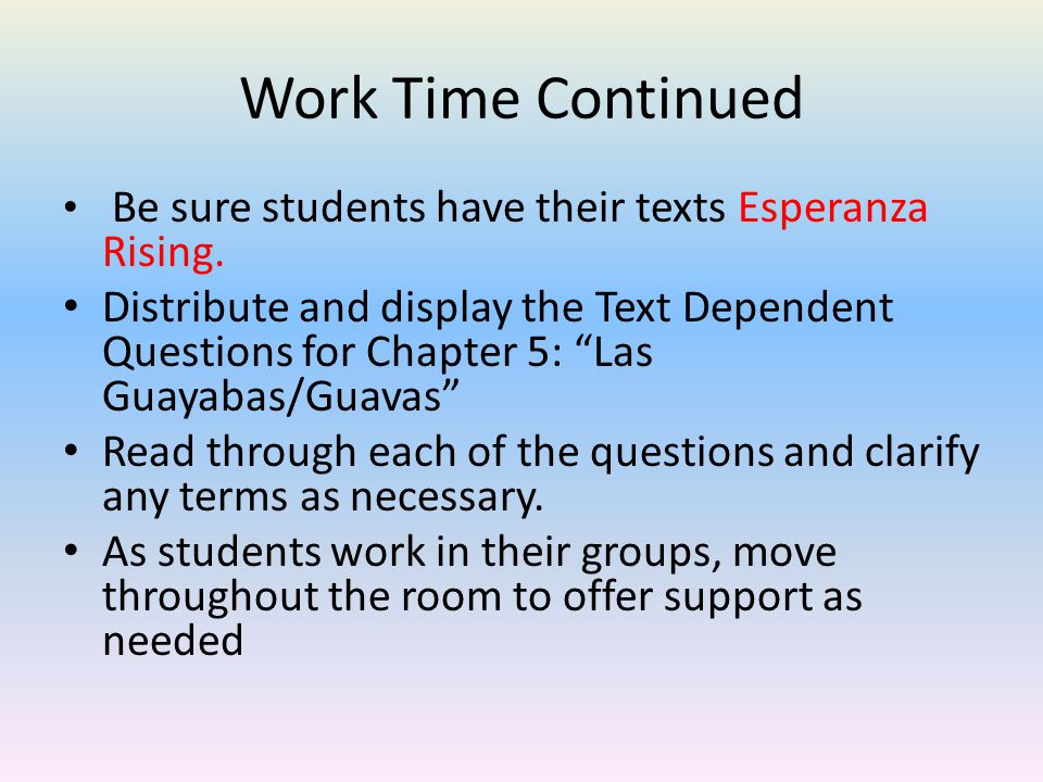 Work Time Continued Be sure students have their texts Esperanza Rising.