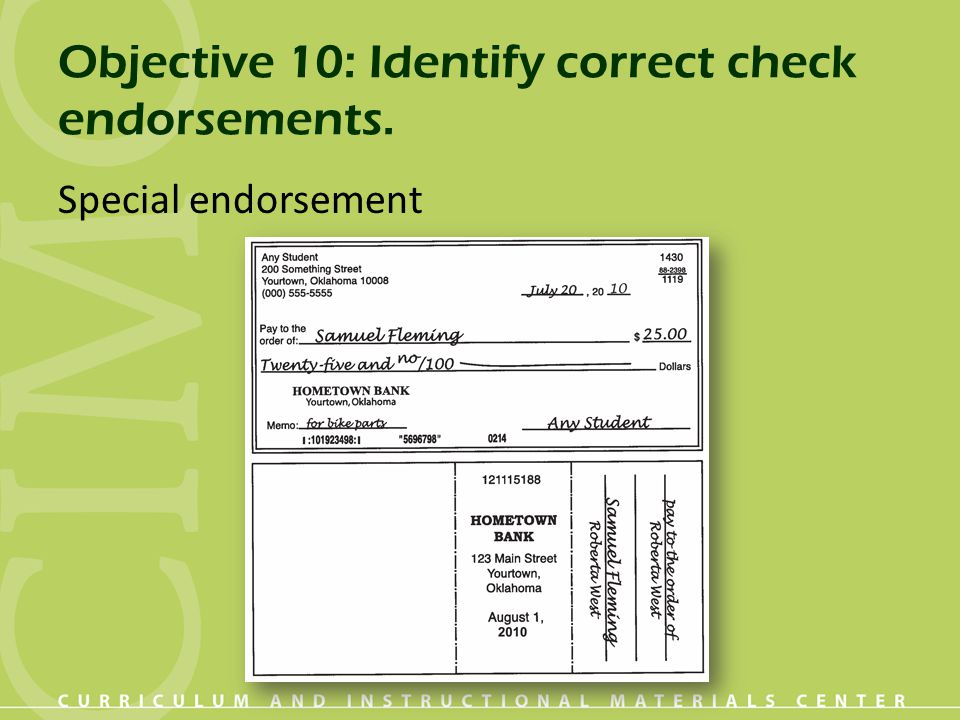 Objective 10: Identify correct check endorsements.
