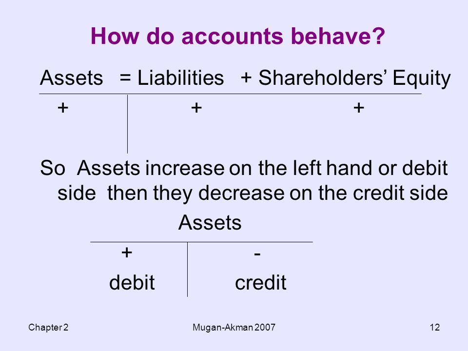How do accounts behave Assets = Liabilities + Shareholders’ Equity