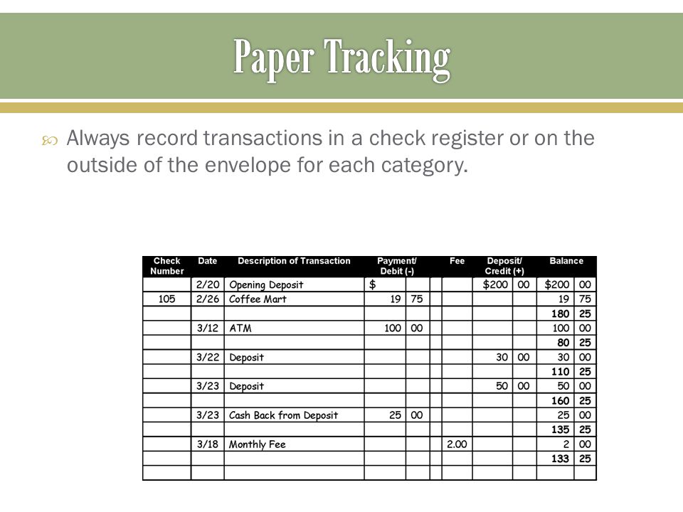 Paper Tracking Always record transactions in a check register or on the outside of the envelope for each category.