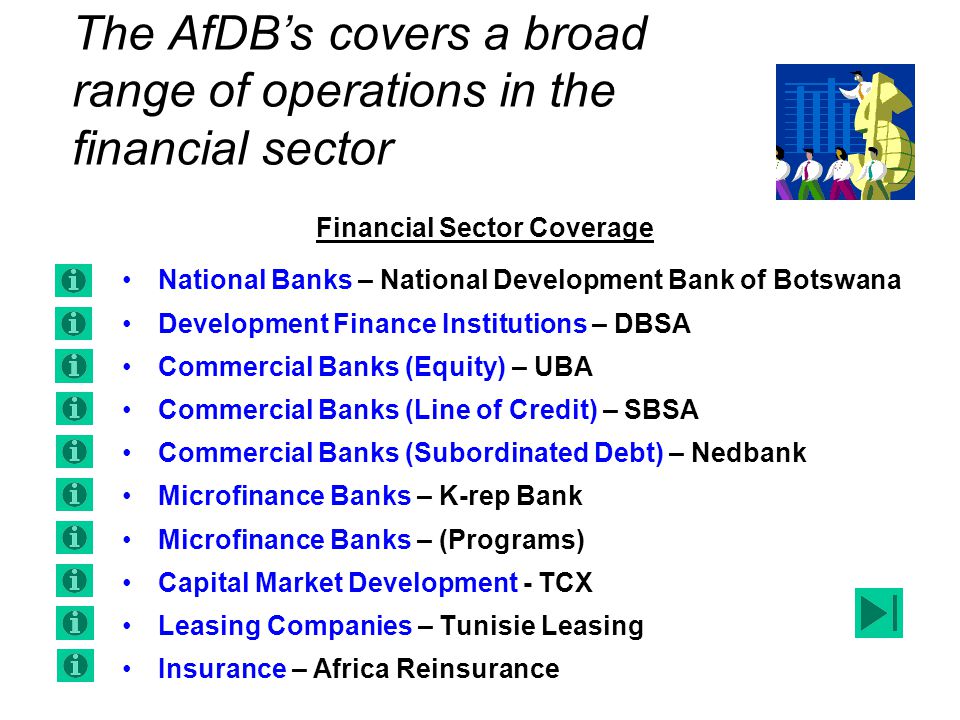 The AfDB’s covers a broad range of operations in the financial sector