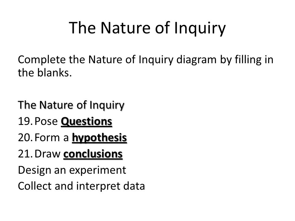 The Nature of Inquiry Complete the Nature of Inquiry diagram by filling in the blanks. The Nature of Inquiry.