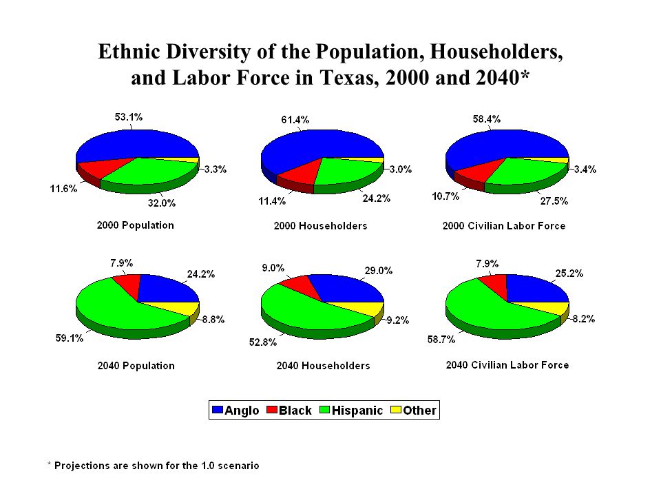 Ethnic Diversity of the Population, Householders, and Labor Force in Texas, 2000 and 2040*