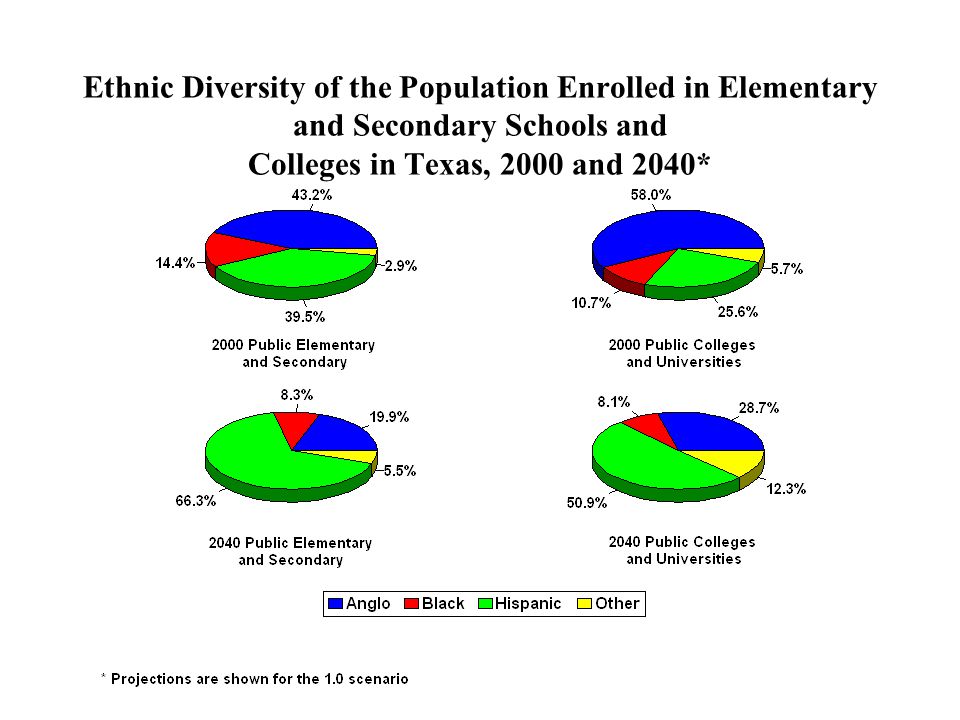 Ethnic Diversity of the Population Enrolled in Elementary and Secondary Schools and Colleges in Texas, 2000 and 2040*