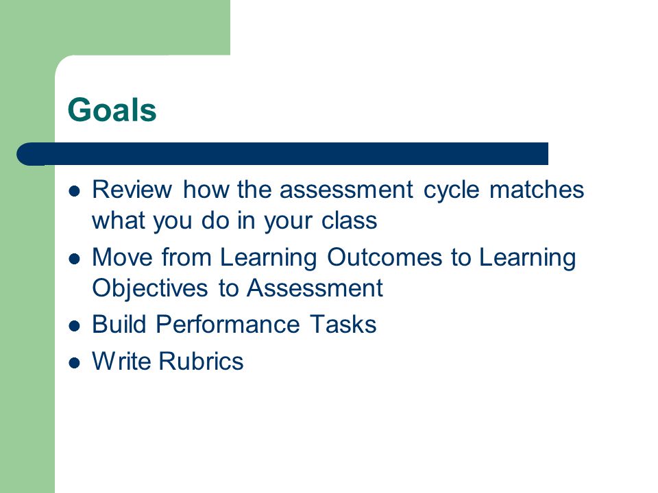 Goals Review how the assessment cycle matches what you do in your class. Move from Learning Outcomes to Learning Objectives to Assessment.