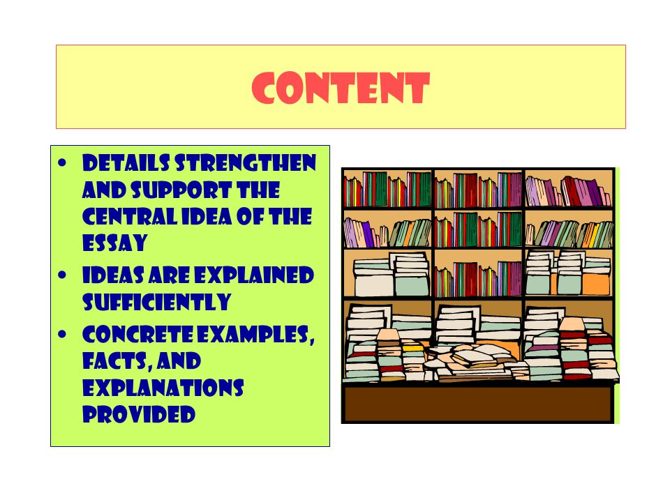 CONTENT Details strengthen and support the central idea of the essay