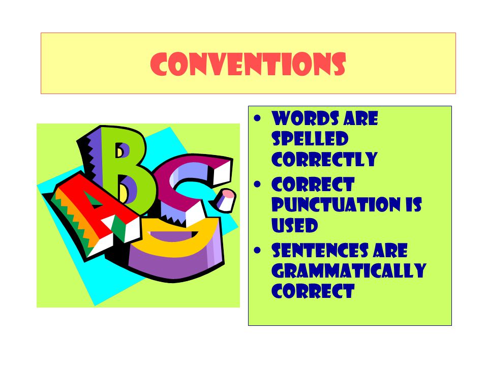 CONVENTIONS Words are spelled correctly Correct punctuation is used