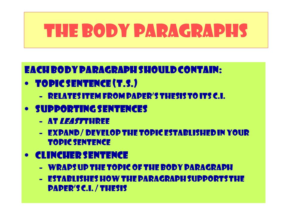 The Body Paragraphs Each body paragraph should contain: