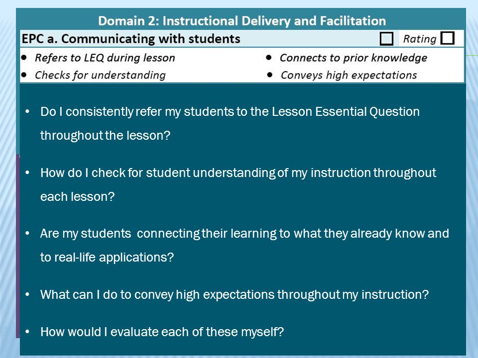 4/15/2017 Domain 2: EPC a. Do I consistently refer my students to the Lesson Essential Question throughout the lesson