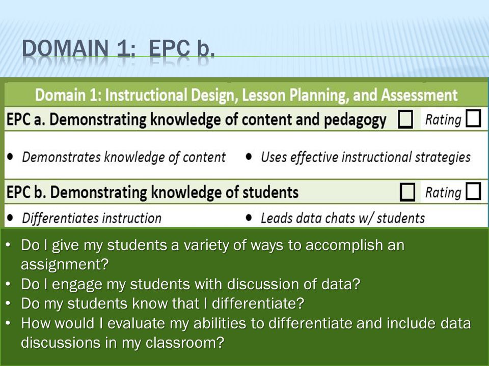 4/15/2017 Domain 1: EPC b. Do I give my students a variety of ways to accomplish an assignment Do I engage my students with discussion of data