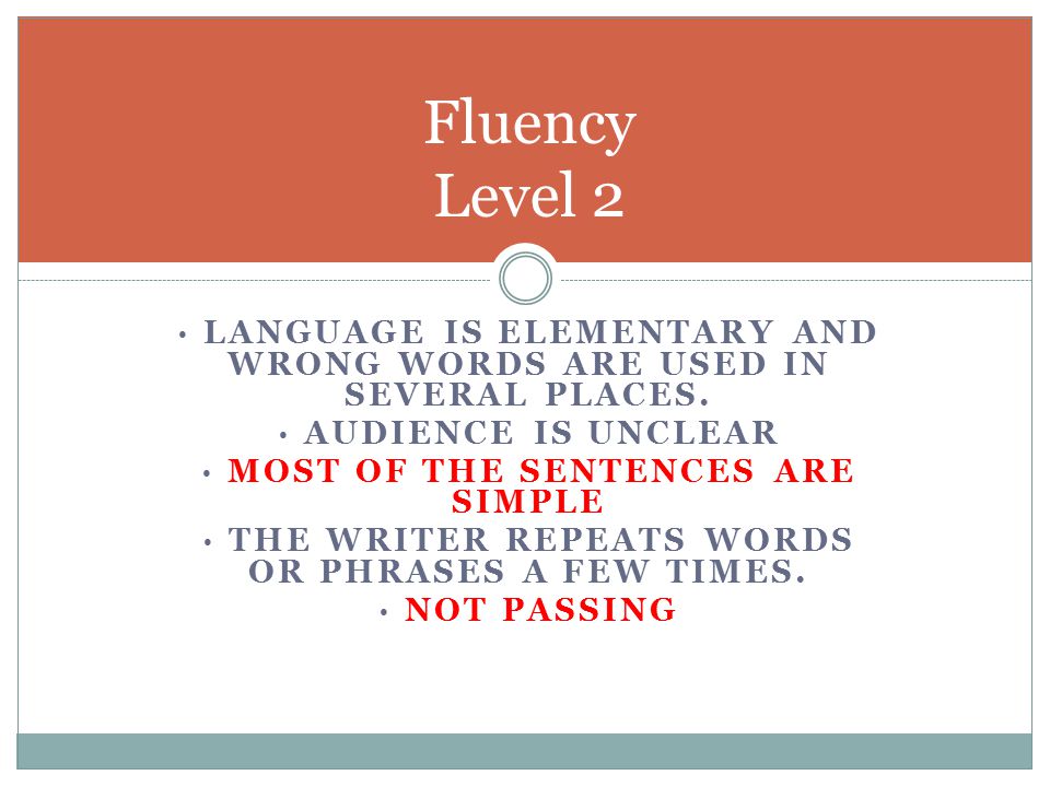 Fluency Level 2 · Language is elementary and wrong words are used in several places. · Audience is unclear.
