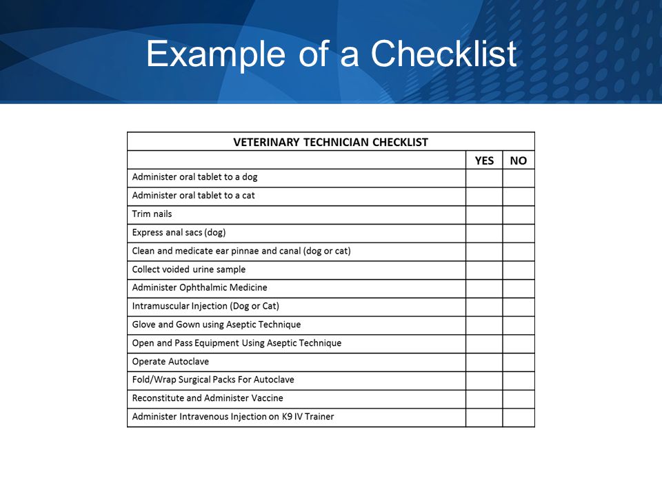 Example of a Checklist Unit Time: 1minutes Cumulative Time: 80 minutes