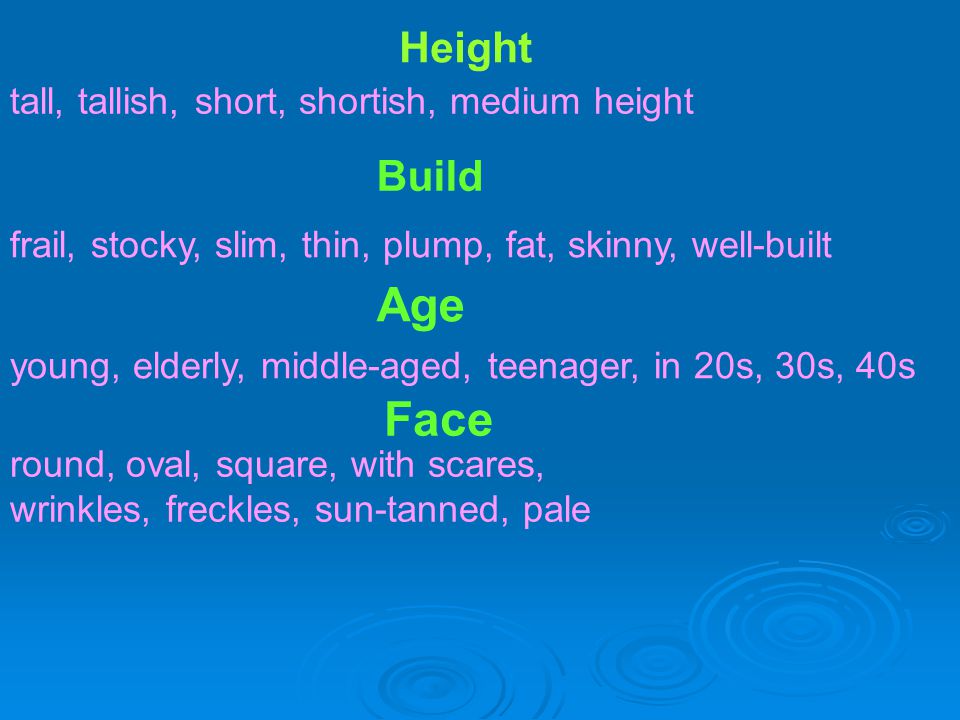 Age Face Height Build tall, tallish, short, shortish, medium height