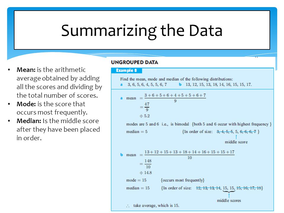 Summarizing the Data Mean: is the arithmetic average obtained by adding all the scores and dividing by the total number of scores.