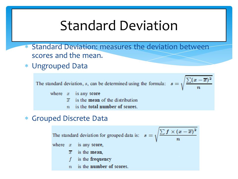 Standard Deviation Standard Deviation: measures the deviation between scores and the mean. Ungrouped Data.