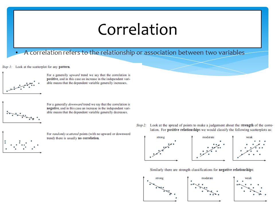 Correlation A correlation refers to the relationship or association between two variables