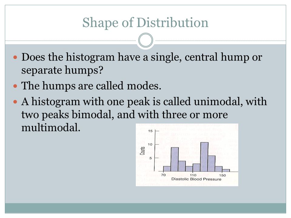 Shape of Distribution Does the histogram have a single, central hump or separate humps The humps are called modes.