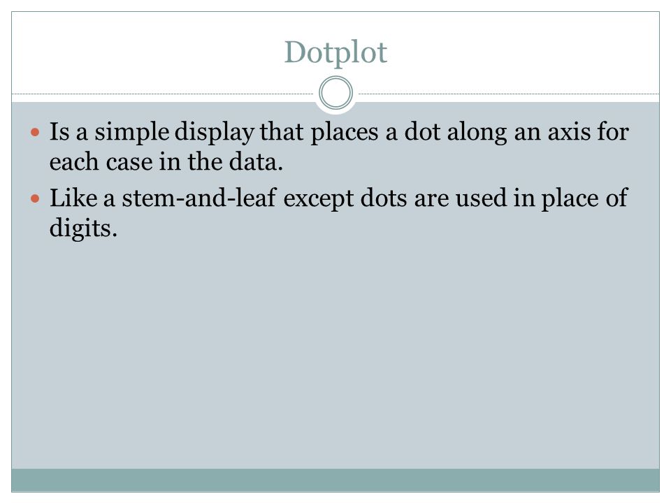 Dotplot Is a simple display that places a dot along an axis for each case in the data.