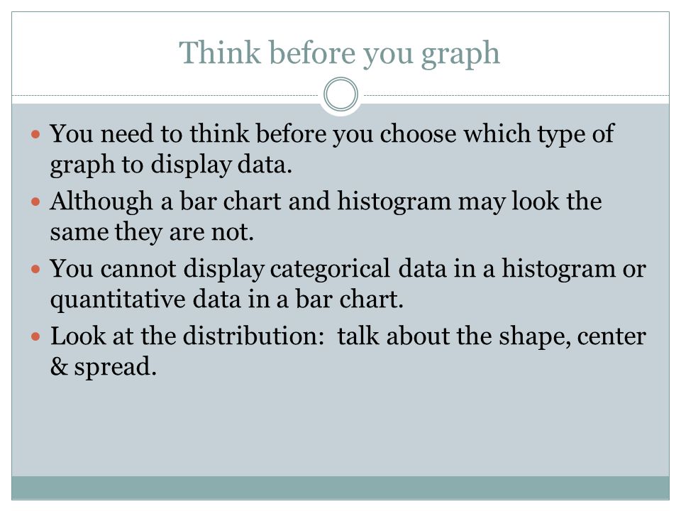 Think before you graph You need to think before you choose which type of graph to display data.