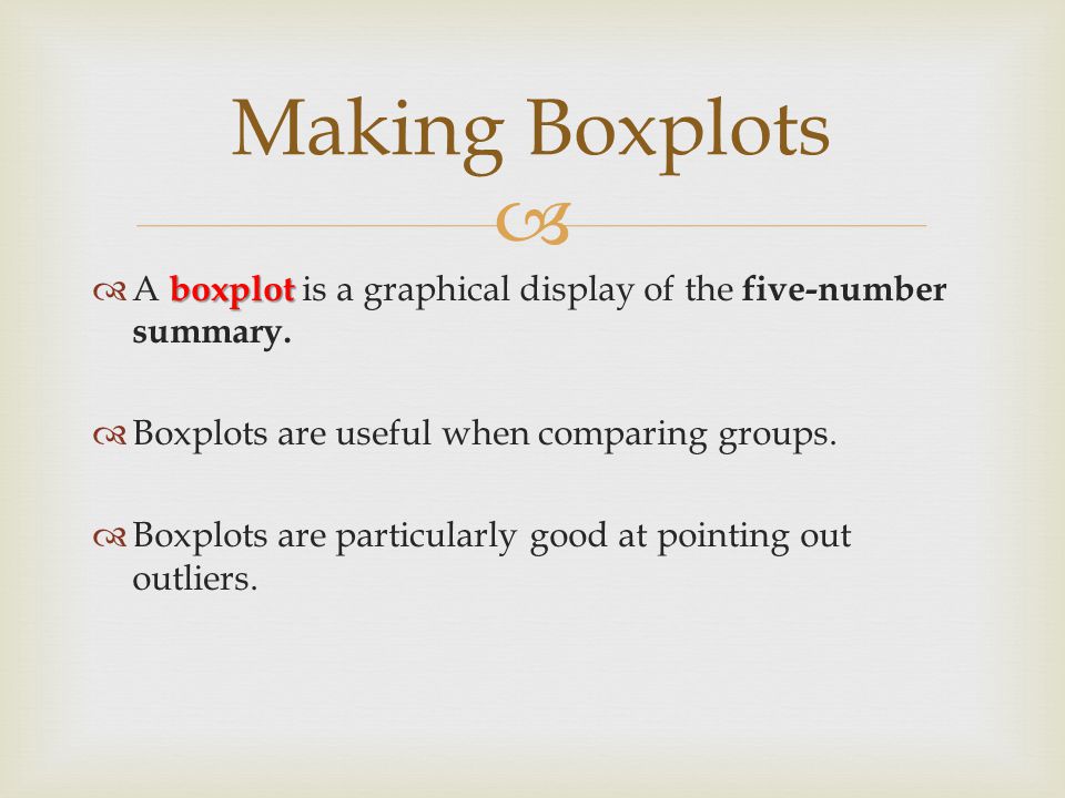 Making Boxplots A boxplot is a graphical display of the five-number summary. Boxplots are useful when comparing groups.