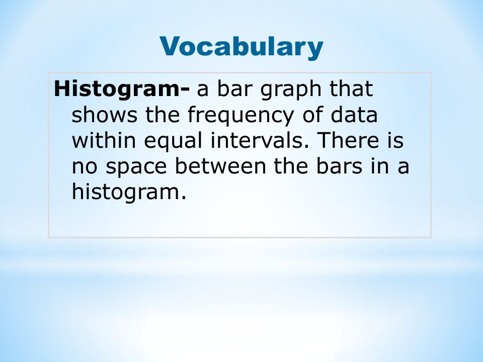 Vocabulary Histogram- a bar graph that shows the frequency of data within equal intervals.