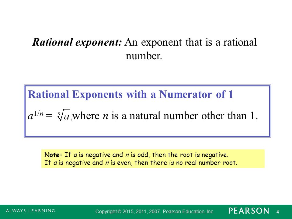 Rational exponent: An exponent that is a rational number.