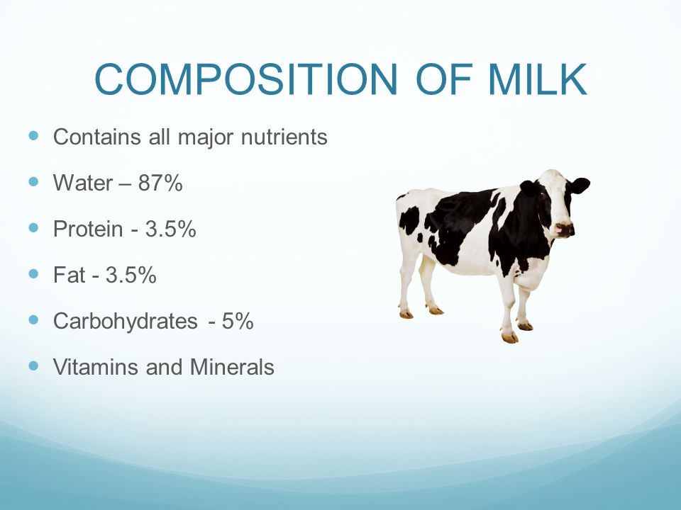 COMPOSITION OF MILK Contains all major nutrients Water – 87%