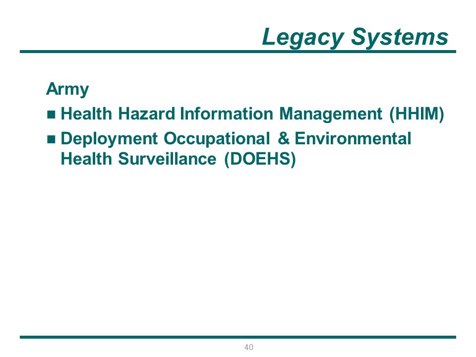 Legacy Systems Army Health Hazard Information Management (HHIM)