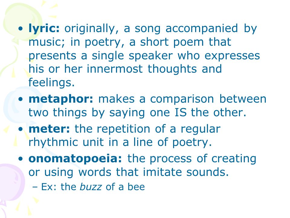 meter: the repetition of a regular rhythmic unit in a line of poetry.