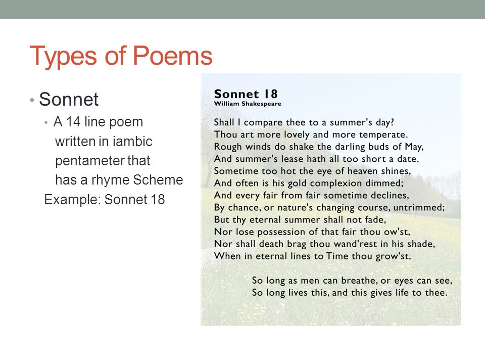 Types of Poems Sonnet A 14 line poem written in iambic pentameter that